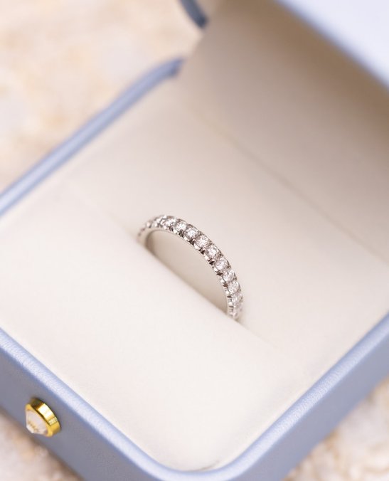 Custom white gold diamond wedding band by NYC jeweler Clarity by Claire
